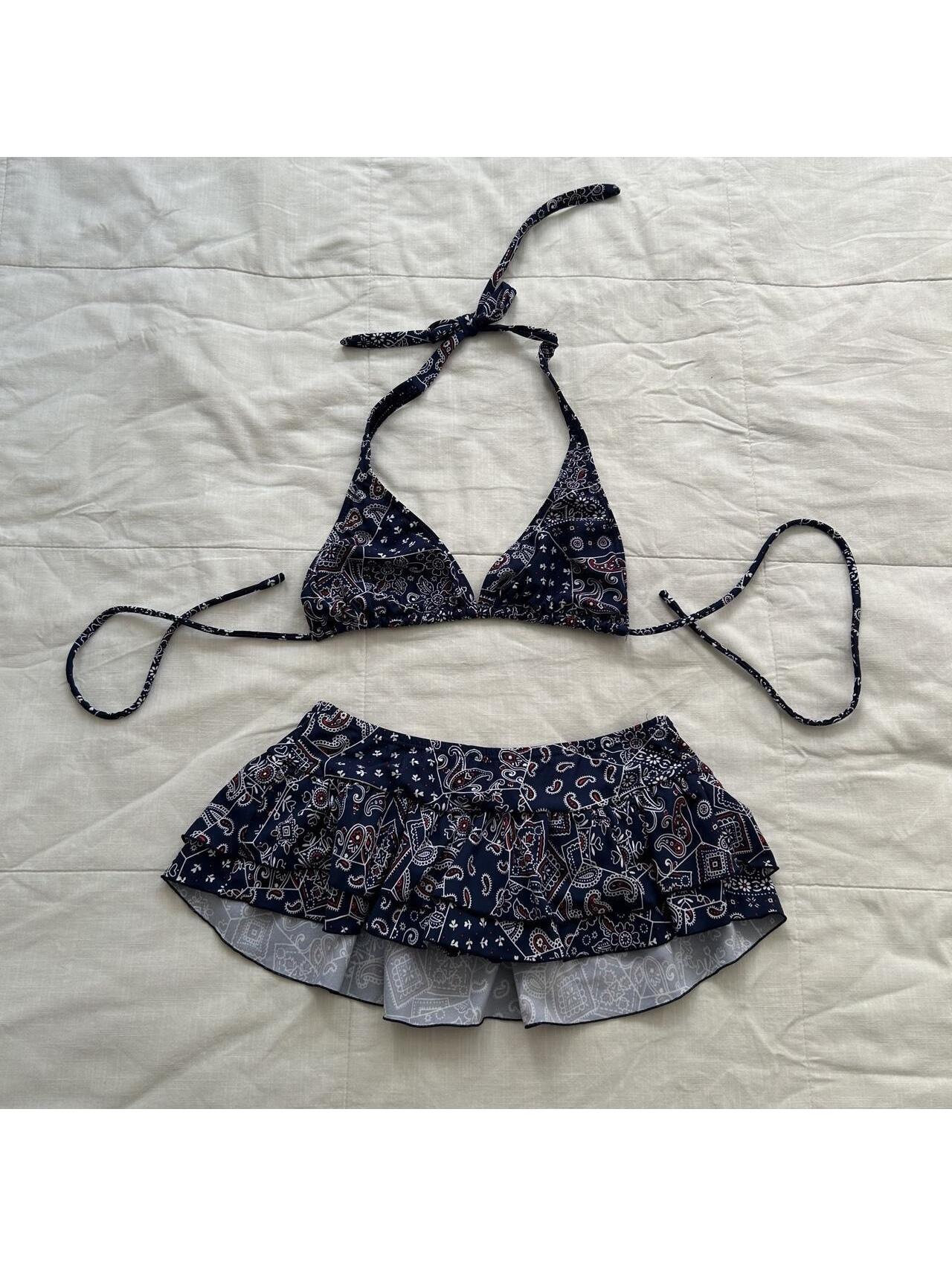 Alba Rosa Navy Paisley Halter Bikini Ruffle Swim Skirt Set Size S Japan